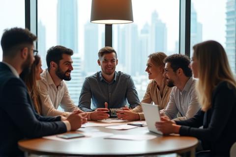 Diverse team collaborating in a modern Dubai office