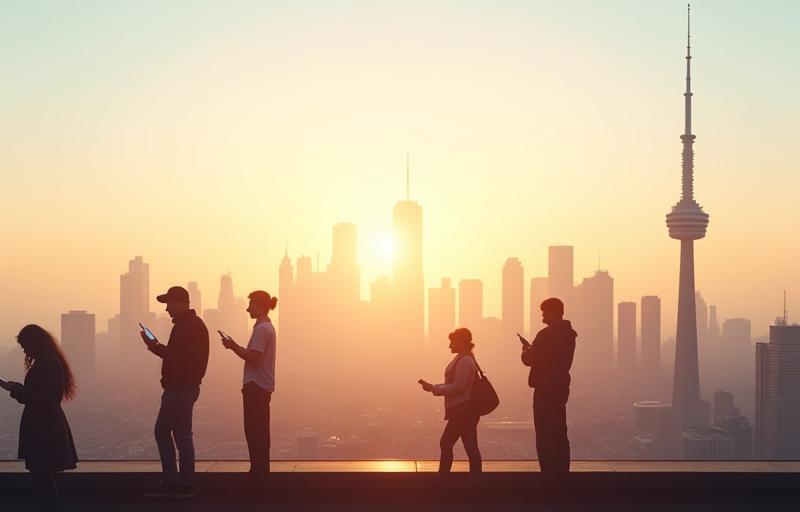 Modern 5G tower with city backdrop and people using devices