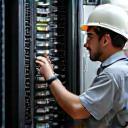 Engineers installing network equipment