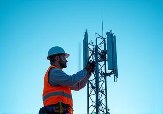 Engineer inspecting 5G telecom tower
