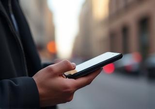 Person using mobile broadband device in city