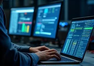 Technician analyzing network performance on laptop